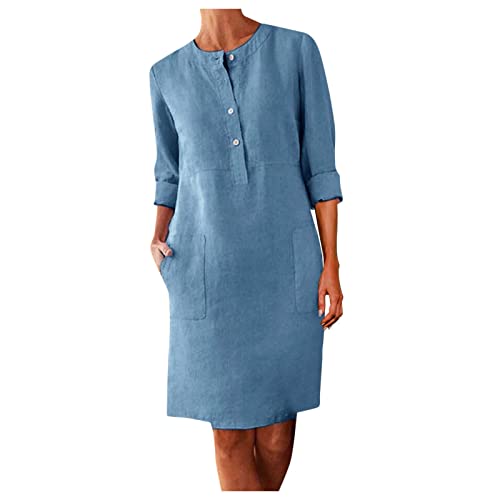 Boho Round with Buttons Dress Casual Women's Dress Knee-Length Neck Loose Women's Dress Sleeveless (Light Blue-g, XL)
