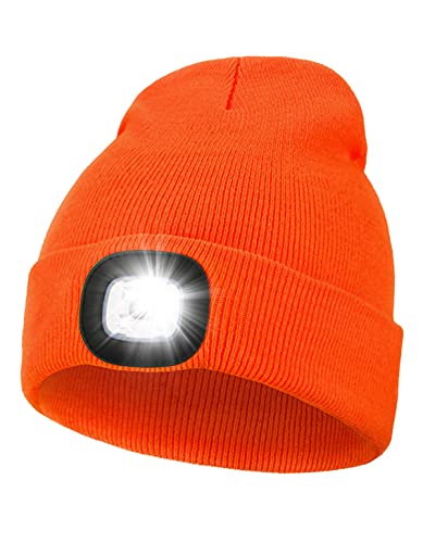 MELASA Unisex LED Beanie with Light, USB Rechargeable Hands Free LED Headlamp Hat, Knitted Night Light Beanie Cap Flashlight Hat, Men Gifts for Dad Father Husband (Orange)