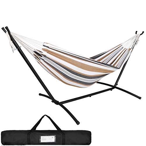 SUPER DEAL Double Hammock with 9FT Space Saving Steel Stand Set 620 lbs Capacity Portable 2 Person Adjustable Hammock Bed with Carrying Case for Camping Garden Backyard Patio Indoor Outdoor
