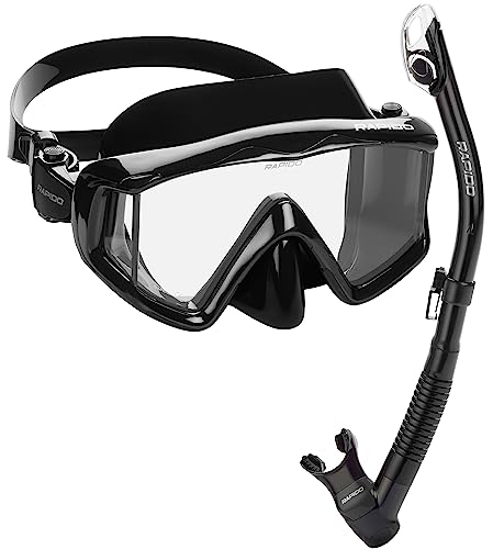 Phantom Aquatics Rapido Boutique Collection Clareza Three Window Tempered Glass Lens Mask Dry Snorkel Set, Great for Travel Mask Snorkel Combo, All Black