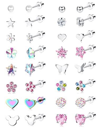 THUNARAZ 16 Pairs Hypoallergenic Screw Back Earrings for Girls Women Surgical Steel Cute CZ Heart Flower Star Butterfly Screwback Stud Earrings Set 20G