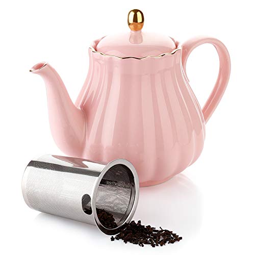 Amazingware Royal Teapot, Porcelain Tea Pot with Stainless Steel Infuser, with a Filter for Loose Tea, Pumpkin Fluted Shape - 28 oz, Pink