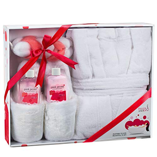 Luxury Home Spa Gift Basket with Pink Peony Scent - Indulgent Ultra Soft Bathrobe & Plush Slipper Spa Box for Women - Complete Bath & Body Set with Body Lotion, Shower Gel, Puff