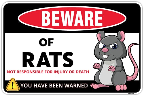 Venicor Beware of Rat Sign - 8 x 12 Inches - Aluminum - Rat Gifts for Rat Lovers - Pet Rat Fake Rubber Toys Stuffed Animal Plush Food Stuff