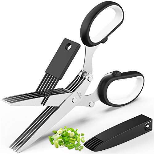 Updated 2023 Herb Scissors Set - Cool Kitchen Gadgets for Cutting Fresh Garden Herbs - Herb Cutter Shears with 5 Blades and Cover, Sharp and Anti-rust Stainless Steel, Dishwasher Safe (Black-White)