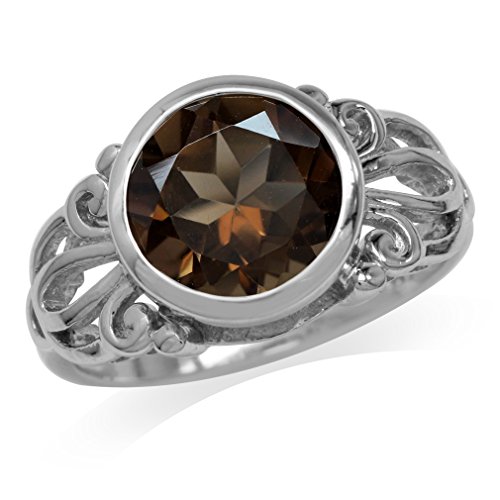 Silvershake 3.34ct. 10mm Natural Round Shape Smoky Quartz White Gold Plated 925 Sterling Silver Filigree Ring Size 10