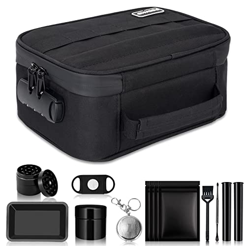 PODAHO Large Smell Proof Stash Bags with Complete 9 Accessories, Premium Smell Proof Storage Case Box with Combination Lock, Smell Proof Containers Pouch For Home and Travel, Black