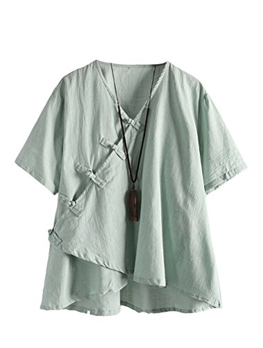 Minibee Women's Linen Retro Chinese Frog Button Tops Blouse Green XL