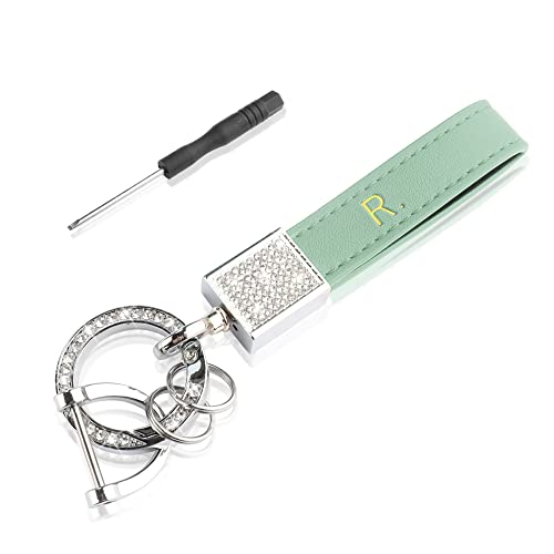 Leather Keychain Bling Keychain for Women Anti-Lost D-Ring Car Keychain Fashion Rhinestone Purse Charms for Handbags (Green)