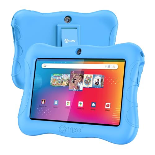 Contixo 7' Android Kids Tablet 32GB, Includes 50+ Disney Storybooks & Stickers (Value $200), Protective Case with Kickstand, (2023 Model) - Blue