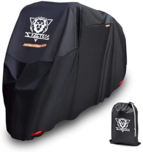 XYZCTEM Motorcycle Cover -Waterproof Outdoor Storage Bag,Made of Heavy Duty Material, Fits up to 116' Harley Davison and All Motors(Black& Lockholes& Professional Windproof Strap) (XXXL)