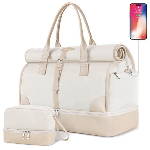 ETRONIK Expandable Travel Duffle Bag for Women, Rolltop Weekender Bag with USB Charging Port, Canvas Carry on Bags for Airplanes with Shoe Compartment & Toiletry Bag, Beige