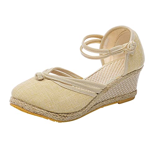 JEUROT Closed Toe Wedge Sandals for Women Ankle Strap Casual Summer Wedges Heeled Espadrilles Platform Comfortable Braided Heels Walking Shoes (Beige-1, 8.5)