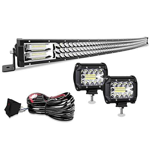 50' LED Light Bar Curved T-Former Triple Row 684W Flood Spot Combo Beam Off Road Lights 2pc 4inch 60W Spot Driving Fog Lights with Rocker Switch Harness Wiring for Trucks, ATV, UTV, Jeep, Boat, Pickup