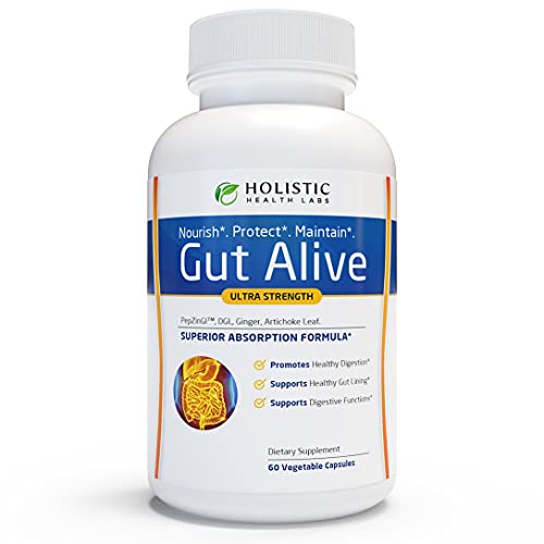 Gut Alive For Restoring Gut Lining - All Natural Support to Fight Leaky Gut, IBS, Heartburn, Acid Indigestion, Acid Reflux, Bloating & Gas. Unique Formulation (60 Count (Pack of 1))