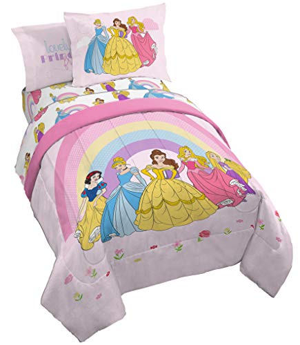 Jay Franco Disney Princess Rainbow 7 Piece Full Bed Set - Includes Comforter & Sheet Set - Bedding Features Aurora, Belle, & Cinderella - Super Soft Fade Resistant Microfiber