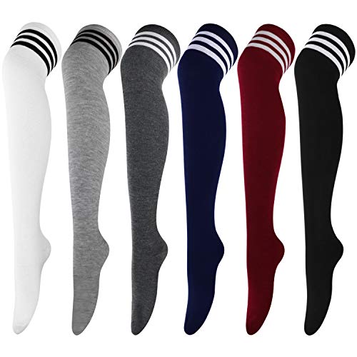 DRESHOW 6 Pairs High Thigh Socks Striped Over Knee Thin Tights Long Stocking for Women Leg Warmer