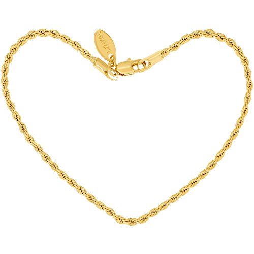 LIFETIME JEWELRY 2mm Rope Chain Bracelet 24k Real Gold Plated for Women and Men (7, Gold)