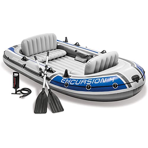 INTEX 68324EP Excursion 4 Inflatable Boat Set: includes Deluxe 54in Boat Oars and High-Output Pump – Adjustable Seats with Backrest – Fishing Rod Holders – 4-Person – 1100lb Weight Capacity