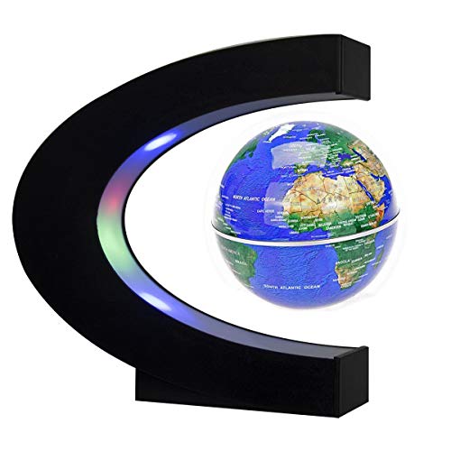 Floating Globe with LED Lights C Shape Magnetic Levitation Floating Globe World Map for Desk Decoration (Blue)