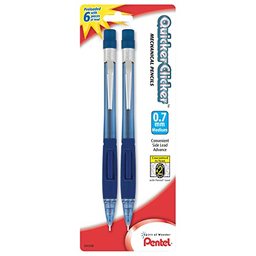 Pentel Quicker Clicker Automatic Pencils, 0.7mm, Transparent Blue Barrel and Purple Barrel, Pack of 2 Pencils (PD347BP2-K6)