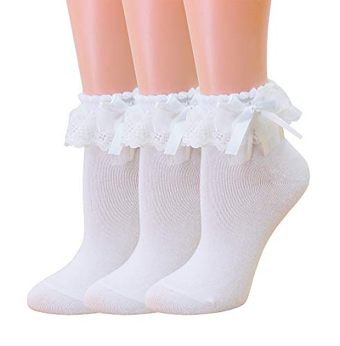 SRYL Women Ankle Socks,Lace Ruffle Frilly Comfortable Princess Socks (3 Pairs-white)