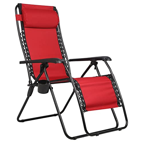 PORTAL Oversized Mesh Back Zero Gravity Reclining Patio Chairs, XL Padded Seat Folding Patio Lounge Chair with Adjustable Pillow and Cup Holder for Poolside Backyard Lawn, Support 350lbs