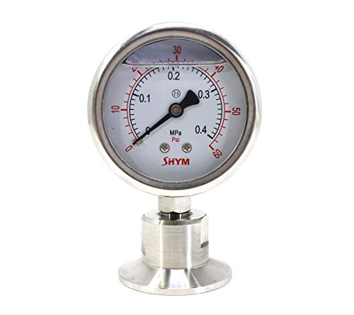 SHYM Stainless Steel 2.5' Dial Sanitary Pressure Gauge, Glycerin Filled. 0-60 PSI Range, 1.5' Tri Clamp Bottom Mount