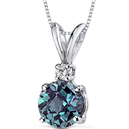 PEORA Created Alexandrite with Genuine Diamond Pendant for Women 14K White Gold, Color-Changing Elegant Solitaire, Round Shape, 6.50mm, 1.30 Carats total