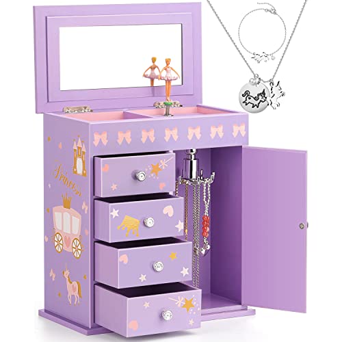 efubaby Upgrade Jewelry Box for Girls 5-Layer with Swing Door Spinning Ballerina Unicorn &Castle Design Unicorn Jewelry Set Included Kids Jewelry Box for Little Girls Birthday Christmas Gift Purple