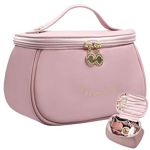 JHZWD Leather Pink Makeup Bag, Medium Size Travel Cosmetic Bag, Waterproof Makeup Bag Organizer with Compartments, Cute Travel Toiletry Bag for Women