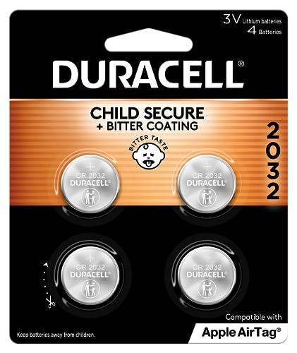 Duracell 2032 Lithium Battery. 4 Count Pack. Child Safety Features. Compatible with Apple AirTag, Key Fob, and other devices. CR2032 Lithium 3V Cell. 2032 Battery, Lithium Coin Battery