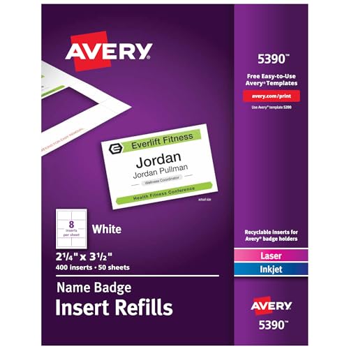 Avery Customizable Name Badge Inserts, 2.25' x 3.5', White, 400 Printable Name Tag Inserts (5390)
