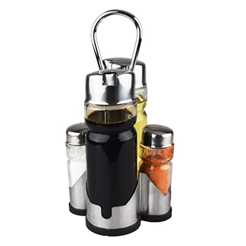 Salt and Pepper shakers, Oil and Vinegar Dispenser Set with Stainless Steel Holder (Salt & Pepper + Oil & Vinegar)