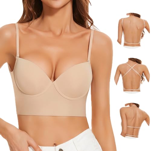 Uoolerp Low Back Bras-Invisible Backless Bra-Seamless Secret Plunge No Show Bra Multiway Low-Cut U-Shaped Women Halter Bra (Nude, Large)