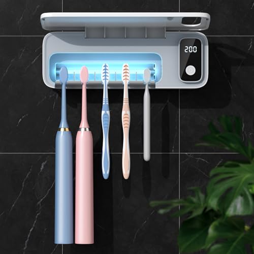 StarWin UV Toothbrush Sanitizer, 5 Slots Tooth Brush Sterilizer Cleaner Wall Mounted/Sterilization and Timer Function Rechargeable Cordless Bathroom Toothbrush Holder Without Drilling