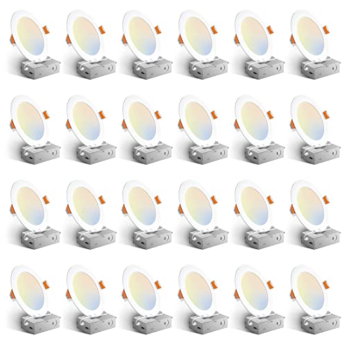 Amico 24 Pack 6 Inch 5CCT Ultra-Thin LED Recessed Ceiling Light with Junction Box, 1050LM Brightness, Dimmable Canless Wafer Downlight, 12W, ETL&FCC