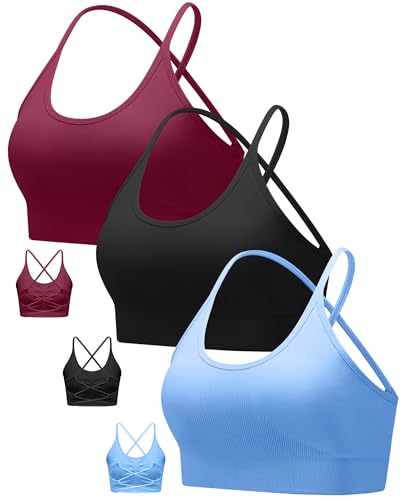 RUNNING GIRL Sports Bras for Women,High Support Seamless Padded Strappy Sports Bras for Women 3 Pack with Removable Pads(2935Black+Red+Blue_M)