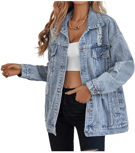 LifeShe Women's long oversized denim jacket boyfriend ripped distressed jean jackets coat