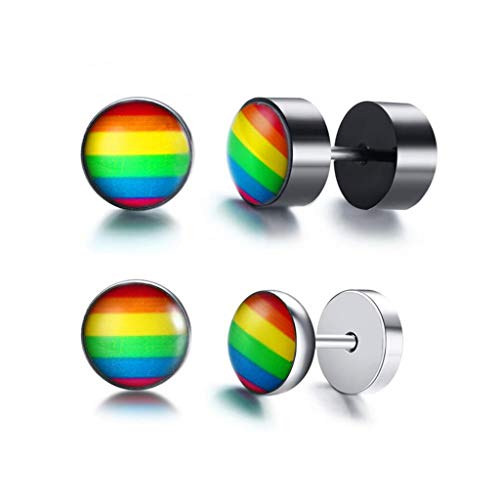 8MM Stainless Steel Rainbow LGBT Stud Earrings for Men Women Lesbian Gay Pride Round LGBT Pierced Screw Earrings Set of 2