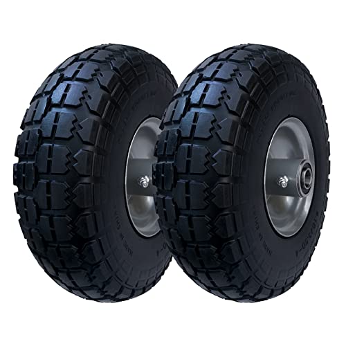 2-Pack of 4.10/3.50-4' Wheels Diameter 10' Flat Free Solid PU Tire,Steel Rim with 6003-2RS 5/8' Ball Bearing and 2.25' Offset Hub,for Hand Truck,Wheelbarrow,Utility Wagon,All Purpose Utility Tire.