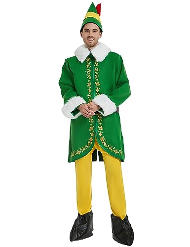 Togake Buddy The Elf Costume Men Christmas Adult Santa Outfit Suit Deluxe 5pcs Xmas Halloween Cosplay Holiday Party Full Set L