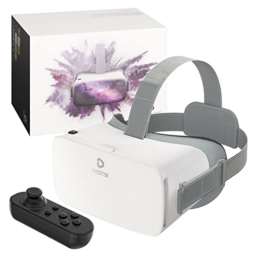 DESTEK V5 VR Headset for Phone with Controller, 110°FOV Eyes-Protected Anti-Blue HD Lenses Virtual Reality Headsets, VR Goggles for iPhone 15/14/13/12/11, Samsung, Android - White