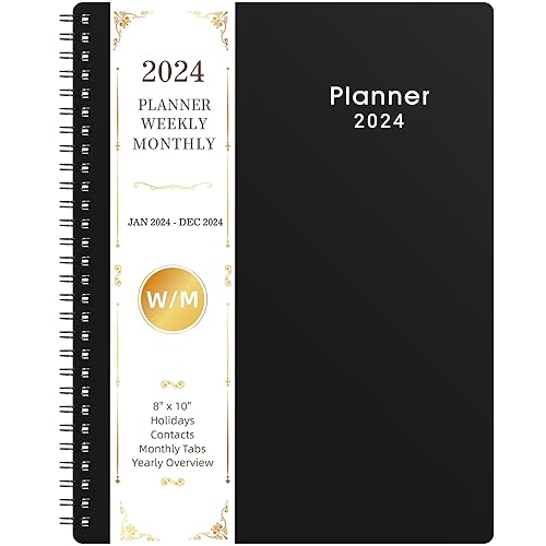 2024 Planner - Weekly and Monthly Planner 2024, Jan 2024 - Dec 2024, 8'' x 10'', 2024 Calendar Planner with Printed Monthly Tabs, Twin-wire Binding, Thick Paper, Flexible Cover - Classic Black
