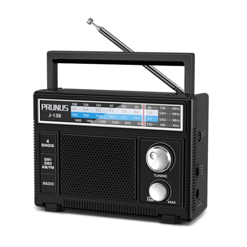PRUNUS Portable Radio AM FM, Transistor Radio Battery Operated and Plug in Wall,Loud Speaker Support AUX in and Micphone in, Small Radios Portable AM FM J-136