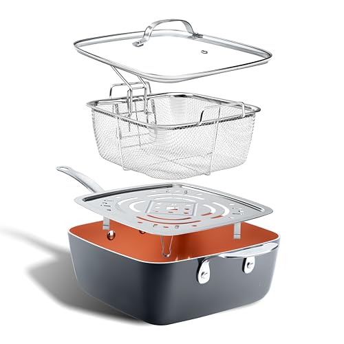 Gotham Steel Nonstick Square Deep Frying Pan, 9.5” Large Cooking Pan with Ceramic Nonstick Coating, 4 Pc Titanium Ceramic with Lid, Basket & Steamer Tray, Dishwasher Safe