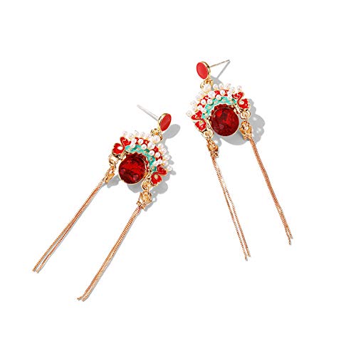 ASHMITA Chinese Style Peking Opera Necklace Facial Earrings Asymmetrical Tassel Earrings Pendant Fashion Phoenix Crown Ring Set With Red Crystal for Women