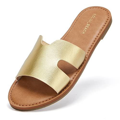 KOLILI Flat Sandals for Women Comfort Beach Slide Sandals Cute Fashion Sandals Summer Shoes, Light tan, 8.5 US