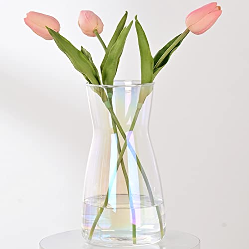 Glass Vase, 8' Tall Ins Modern Irised Crystal Clear Glass Vases for Décor Flowers Centerpiece Home Indoor Desk Decoration, Decorative Iridescent Glass Table Vase for Wedding Housewarming Gift-Colorful