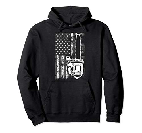 Vintage US Flag Chainsaw | Cute Woodworker Funny Logger Gift Pullover Hoodie